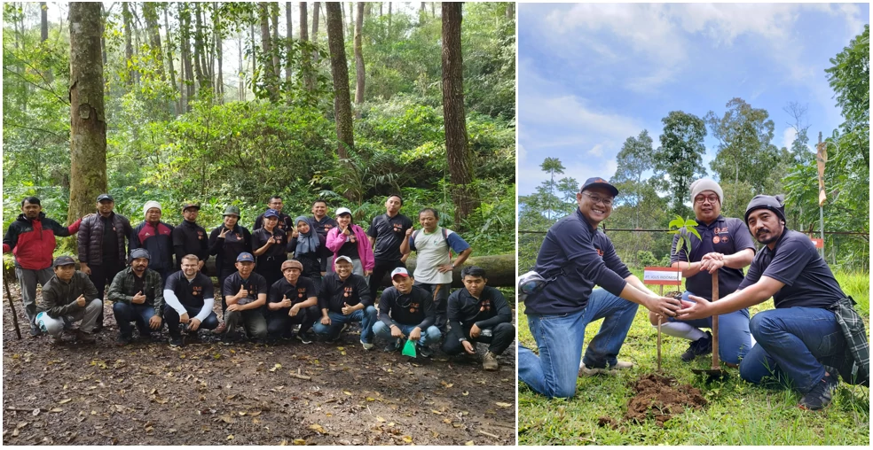 Group pictures of employees in Indonesia with plants