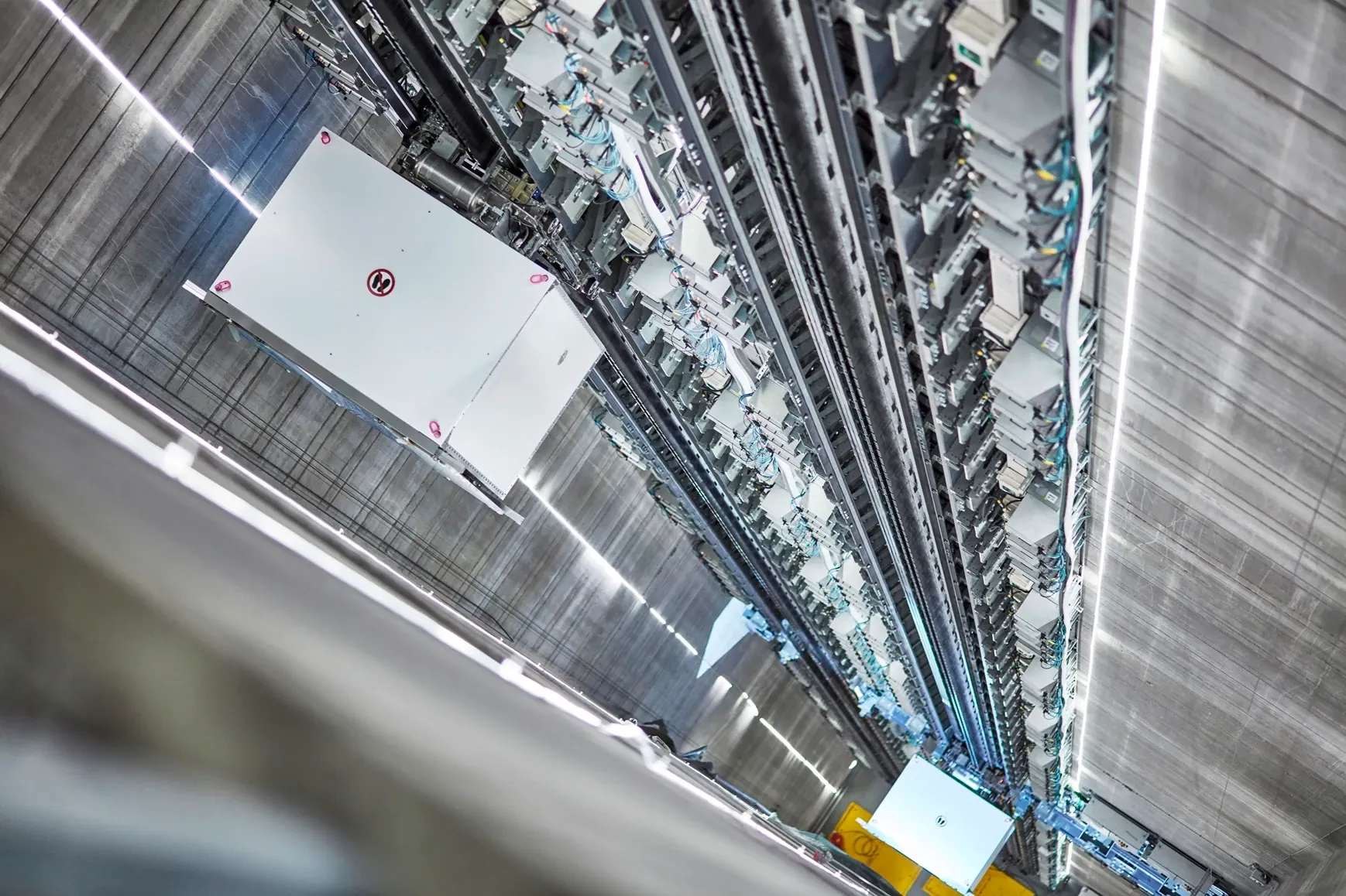 Three of the twelve shafts of thyssenkrupp's test tower are reserved for testing the MULTI lift. Among other things, the iglidur® 3d printed bearing  by igus® are used here