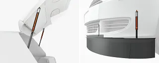 dryspin Gewindespindel mit Mutter in der Heckklappe und im Frontspoiler eines Autos
