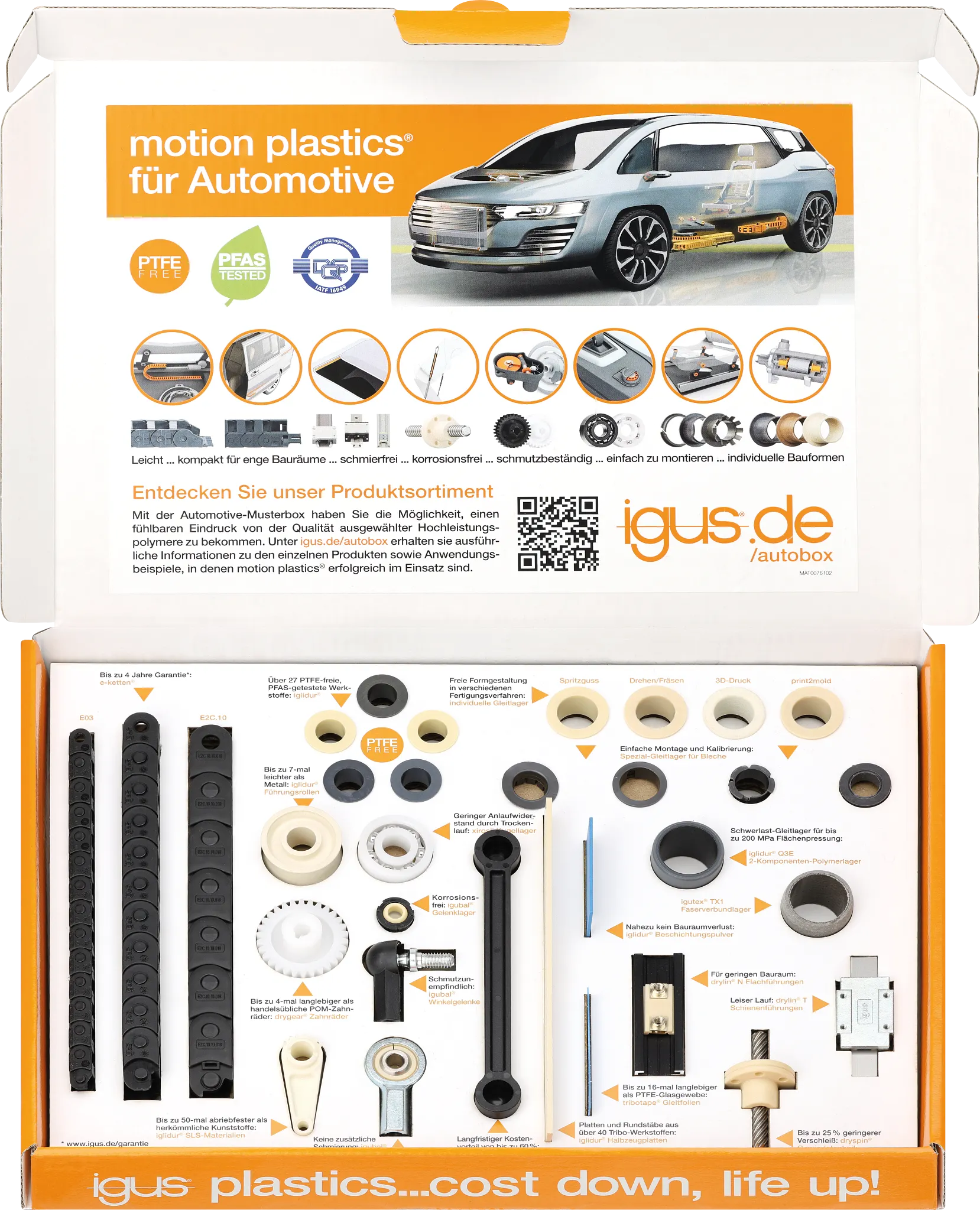 Musterbox für Automotive geöffnet mit Blick auf die Produkte
