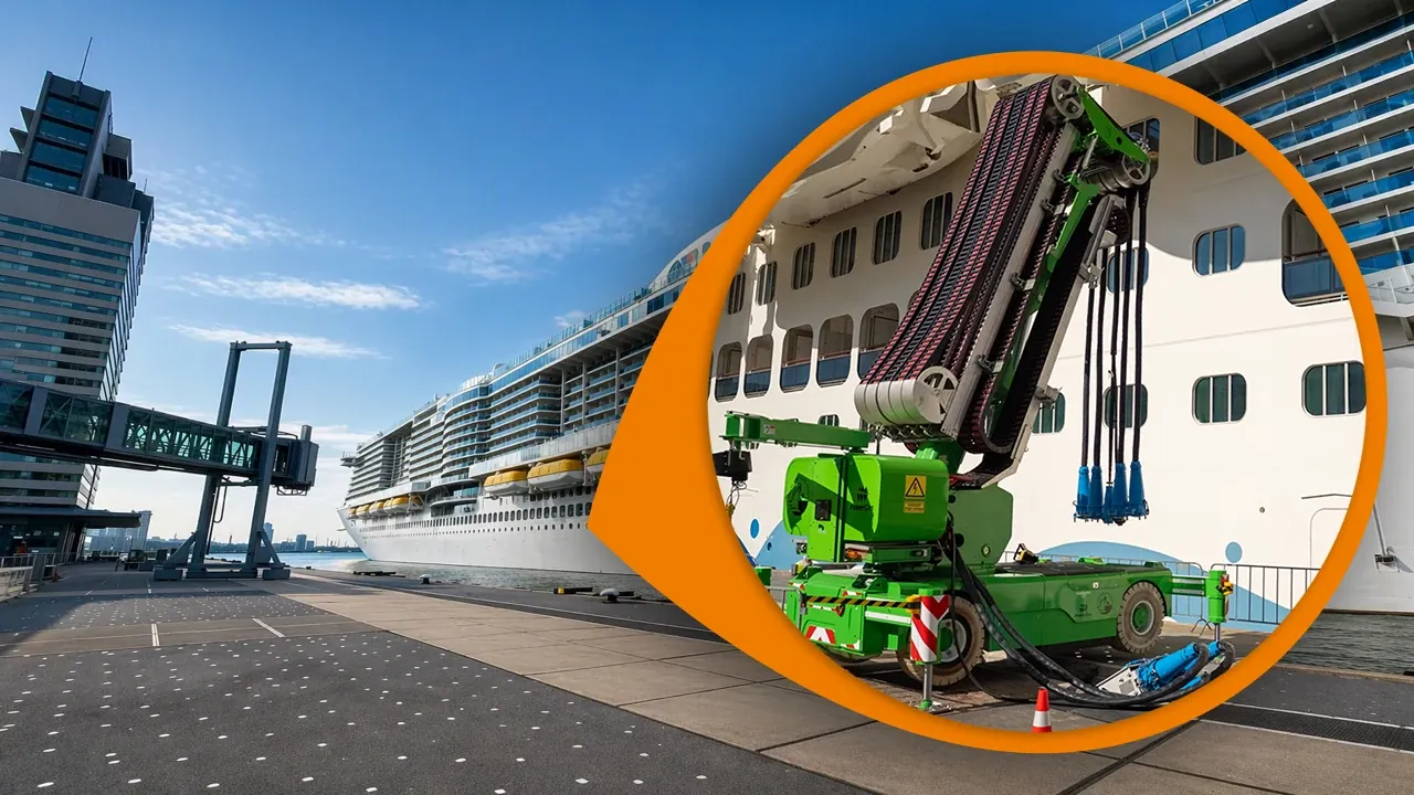 Mobile Landstromversorgung am Kreuzfahrtschiff: verfahrbare Anschlusslösung mit Hubsystem und Energiekette für schnelle, sichere Stromübergabe am Kai.