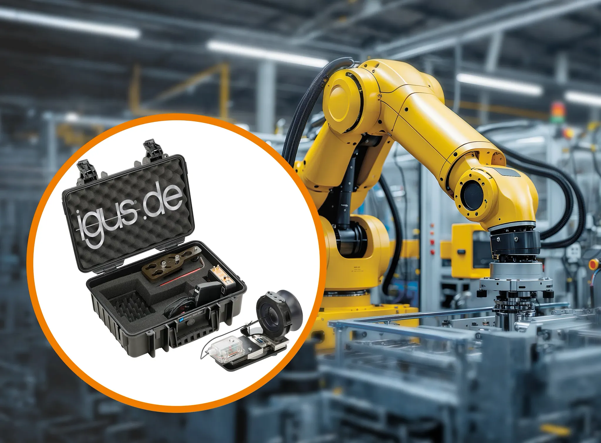 Visual mit gelbem Industrieroboter in einer Produktionsumgebung; links in einem orange umrandeten Kreis der geöffnete TR.P Measurement Case: robuster Messkoffer mit Schaumstoffeinlage, integrierter TR.P‑Sensorik, Kabeln und Zubehör. Das Motiv steht für die mobile Erfassung und Analyse realer Zugkräfte im triflex® Push‑Pull‑Schlauchpaket während echter Roboterbewegungen, um kritische Belastungen früh zu erkennen und Ausfälle zu reduzieren.