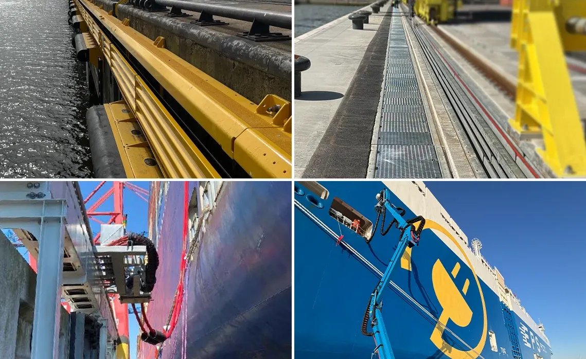 Vierteilige Collage mit Nahaufnahmen von Shore-Power-Komponenten im Hafen: oben links eine gelbe, entlang der Kaimauer montierte Führungs-/Schutzschiene direkt am Wasser; oben rechts ein in den Kai integrierter Kabelkanal mit Abdeckgittern und seitlichen Führungsschienen; unten links ein seitlich am Schiff geführtes Energiekabel mit Schlauch-/Kabelschutz und Halterung an der Anlage; unten rechts ein blauer, am Schiff montierter Ausleger/Anschlussarm, der den Landstrom-Stecker an eine Anschlussbox am Rumpf führt. Das Visual verdeutlicht die Bandbreite möglicher Systemlösungen im ShorePower-Produktportfolio – von Infrastruktur am Kai (Führung, Kanal, Kabelmanagement) bis zur flexiblen Anbindung und sicheren Stromübertragung zum Schiff.