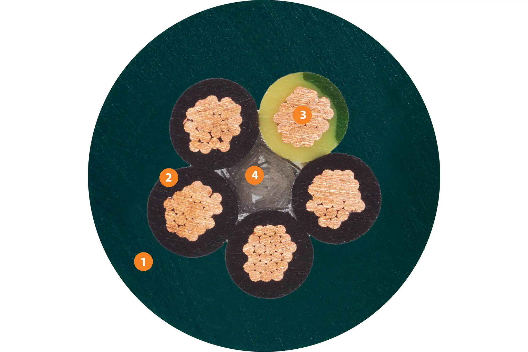 1. Pressure-extruded, gusset-filling, oil-resistant PVC mixture 2. Mechanically high-quality TPE or PVC mixture 3. Fine stranded wire conductor made of bare copper wires 4. High tensile strength centre element