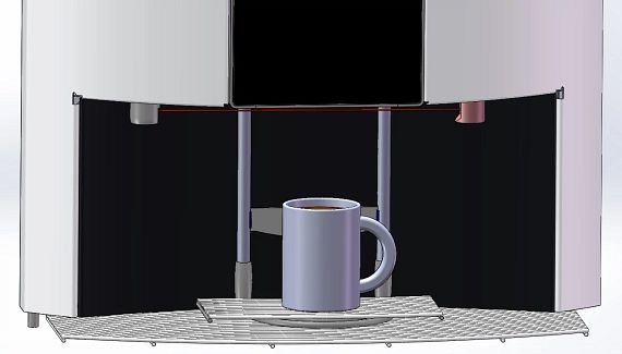 Čelní pohled na plně automatický kávovar s automaticky nastavitelným tácem na šálek
