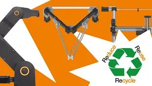 3 verschiedene Roboter und das Zeichen für Recycling