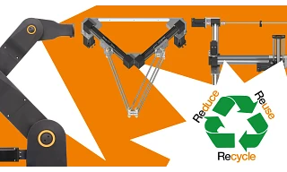 3 different robots and the sign for recycling