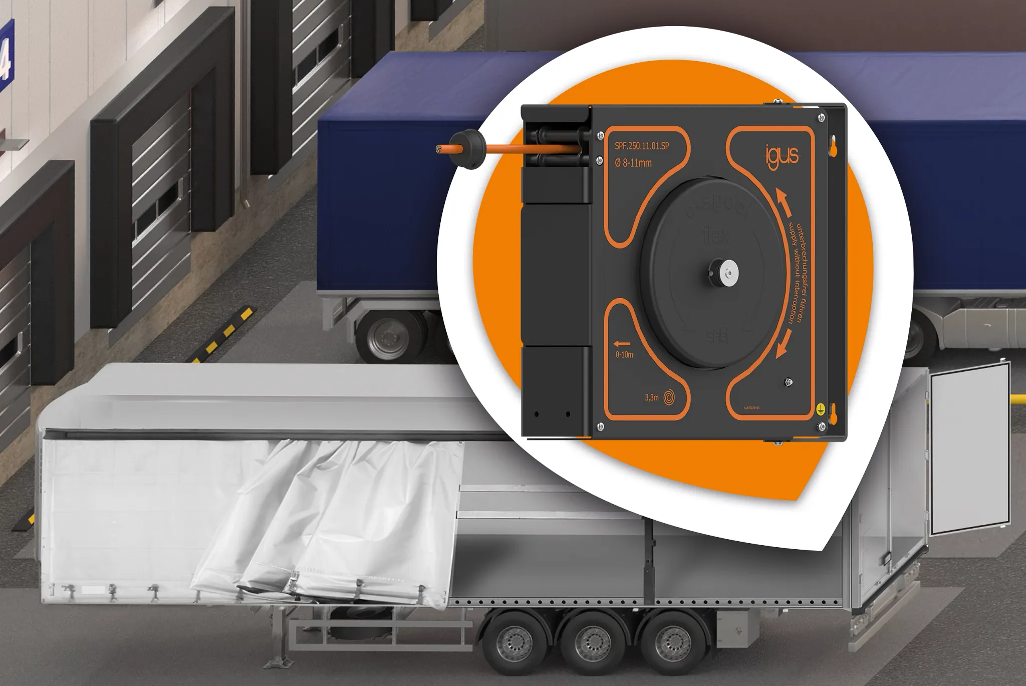 Mit dem Kabelaufroller bietet igus eine robuste Lösung für die Stromzufuhr in Lkw-Trailern