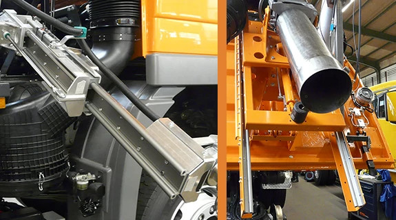 Linear bearings in vehicle for track and tunnel cleaning