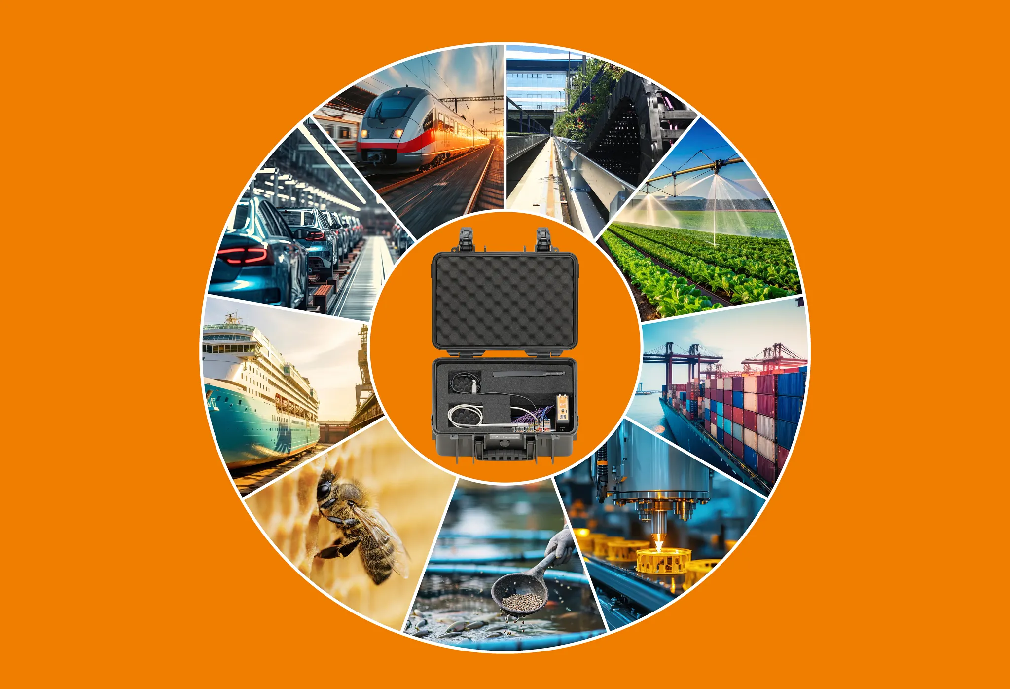 Geöffneter, robuster Industriekoffer mit Schaumstoffeinlage: i.Cee² Measurement Case (Konzeptstudie) als vollständig integrierte, sofort einsatzbereite Messplattform – Koffer öffnen, Sensor anschließen und Messdaten direkt an Maschine, Anlage oder Prüfstand erfassen und lokal analysieren; inklusive Datenspeicherung und Konnektivität (z. B. LTE/WLAN/Ethernet).