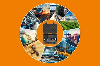 Geöffneter, robuster Industriekoffer mit Schaumstoffeinlage: i.Cee² Measurement Case (Konzeptstudie) als vollständig integrierte, sofort einsatzbereite Messplattform – Koffer öffnen, Sensor anschließen und Messdaten direkt an Maschine, Anlage oder Prüfstand erfassen und lokal analysieren; inklusive Datenspeicherung und Konnektivität (z. B. LTE/WLAN/Ethernet).