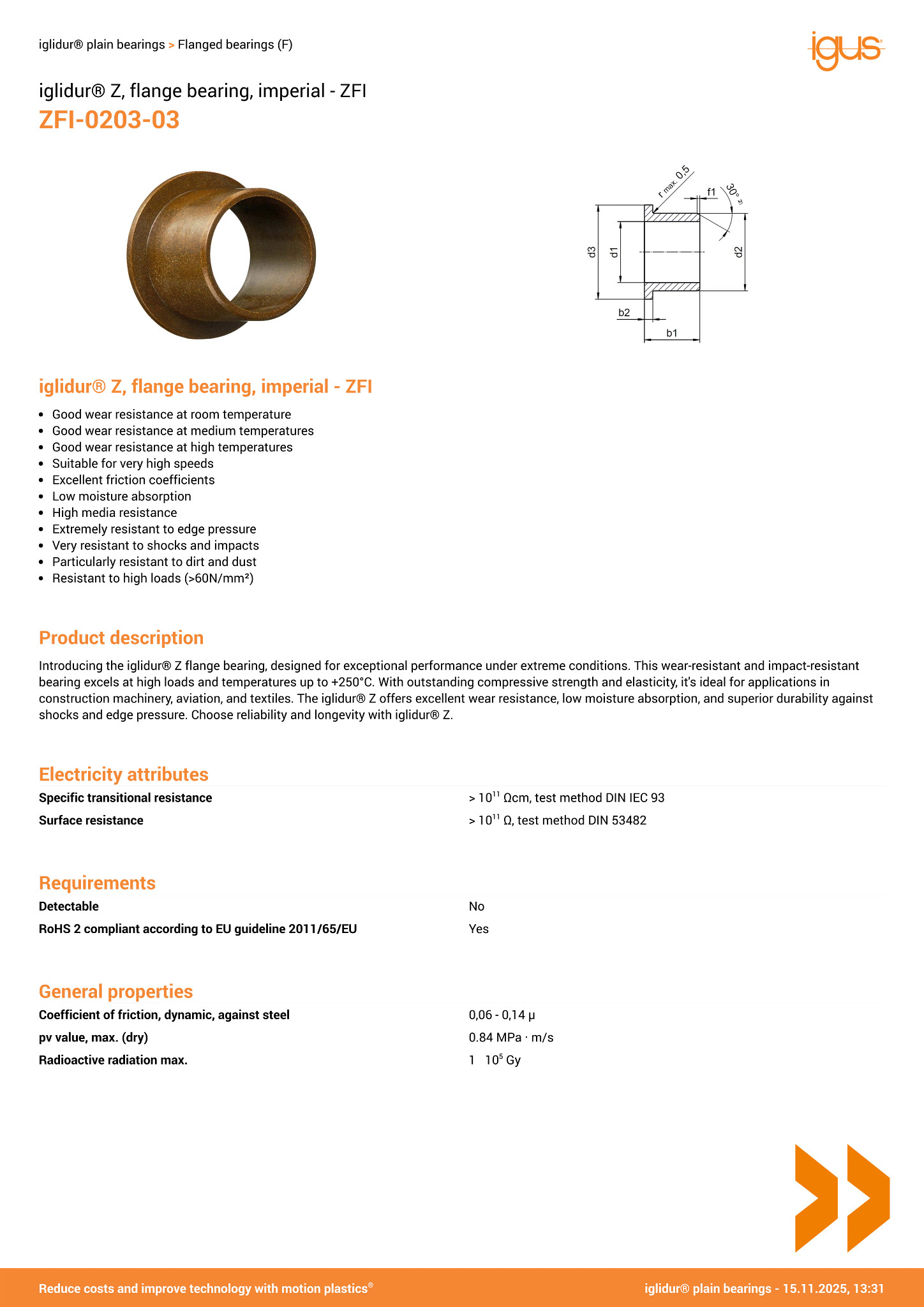 iglide® Z, sleeve bearing with flange, imperial