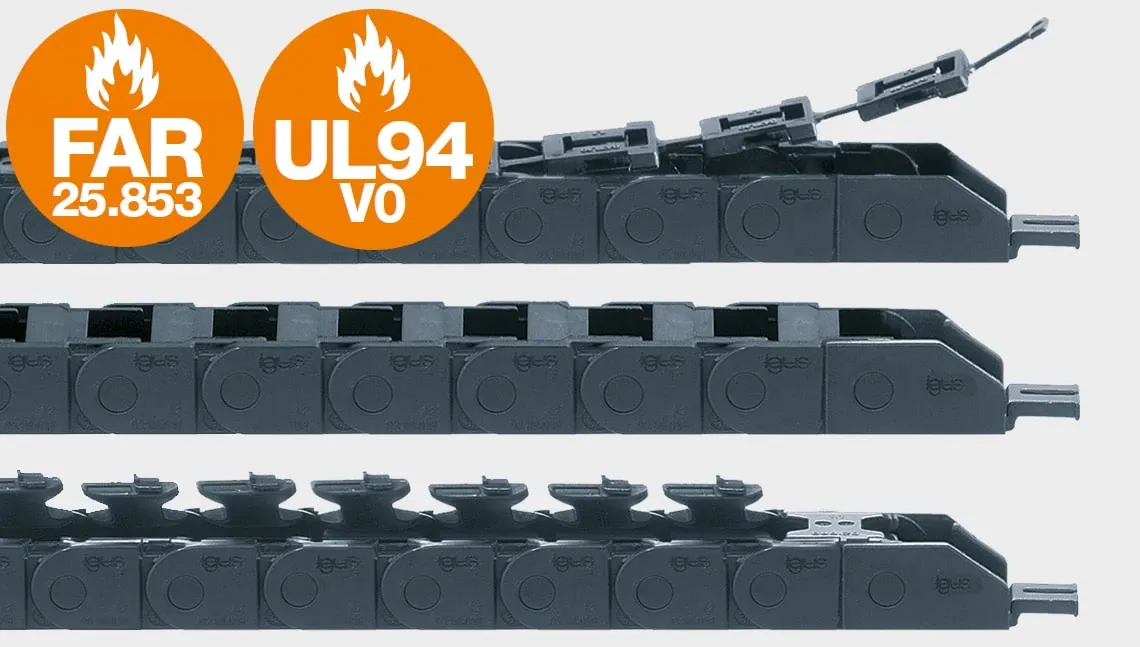 Pequeñas cadenas portacables con los iconos de FAR 25.853 y UL94 V0