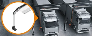 Schwarz-weiß-Bild von LKW, die nebeneinander unter Ladestationen mit e-tract Systemen stehen