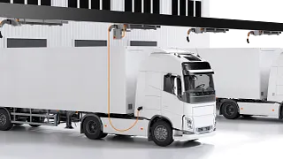 Kabelmanagementsystem e-tract DC horizontal in einem Depot über einem LKW, der geladen wird