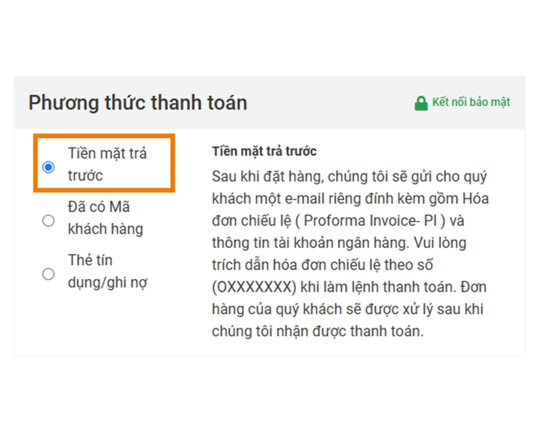 Chọn phương thức “Tiền mặt trả trước”