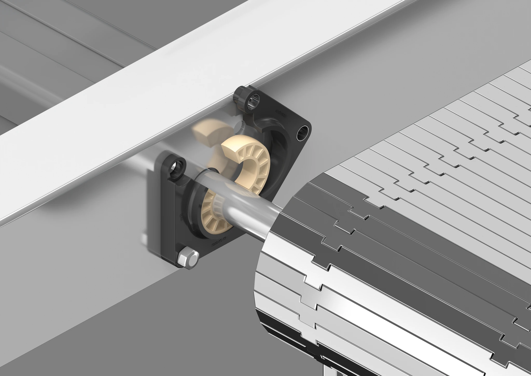 Flange mounted bearing on the inside of a conveyor belt