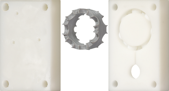 Injection mould for a ball bearing cage produced with stereolithography.