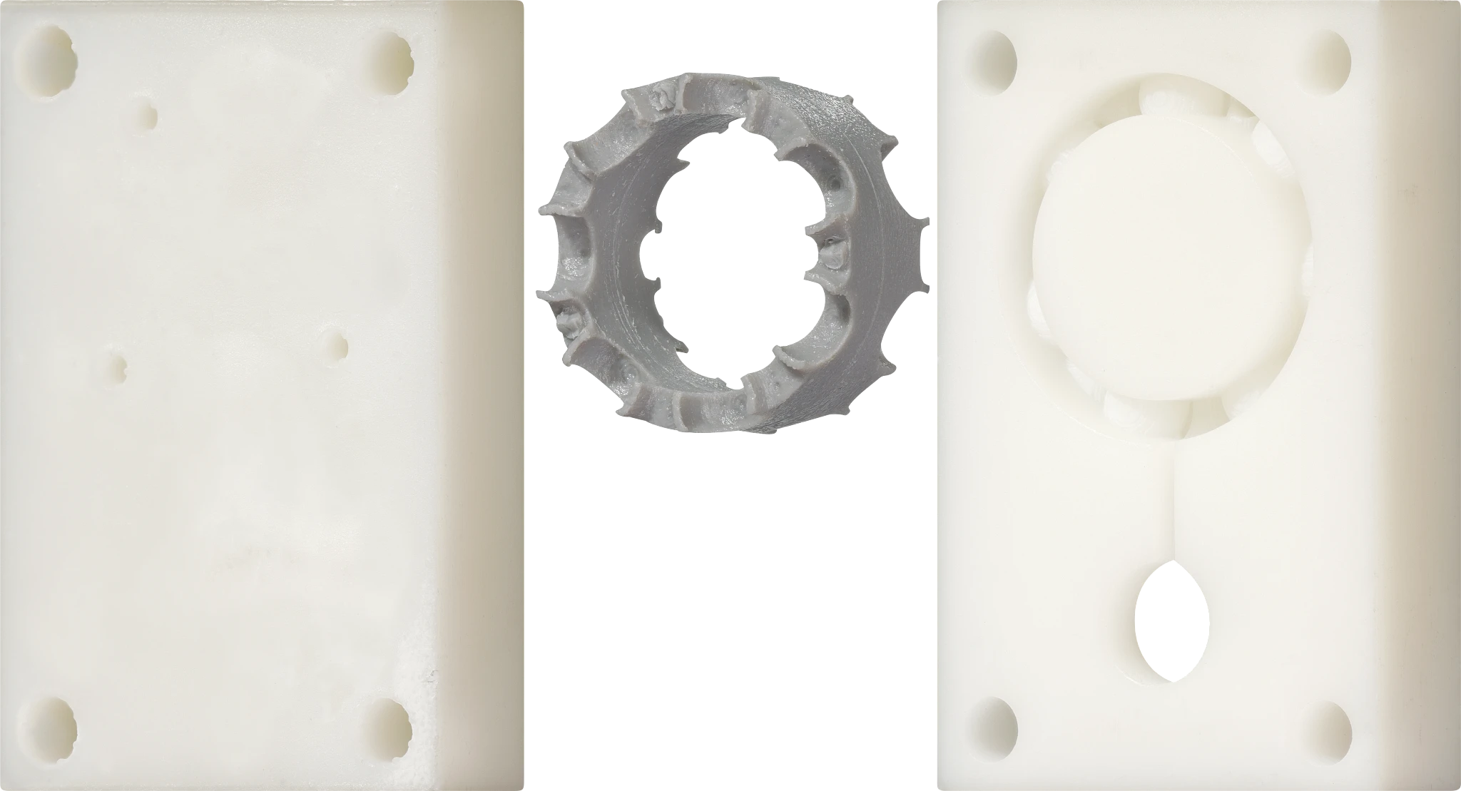 Injection mould for a ball bearing cage produced with stereolithography.