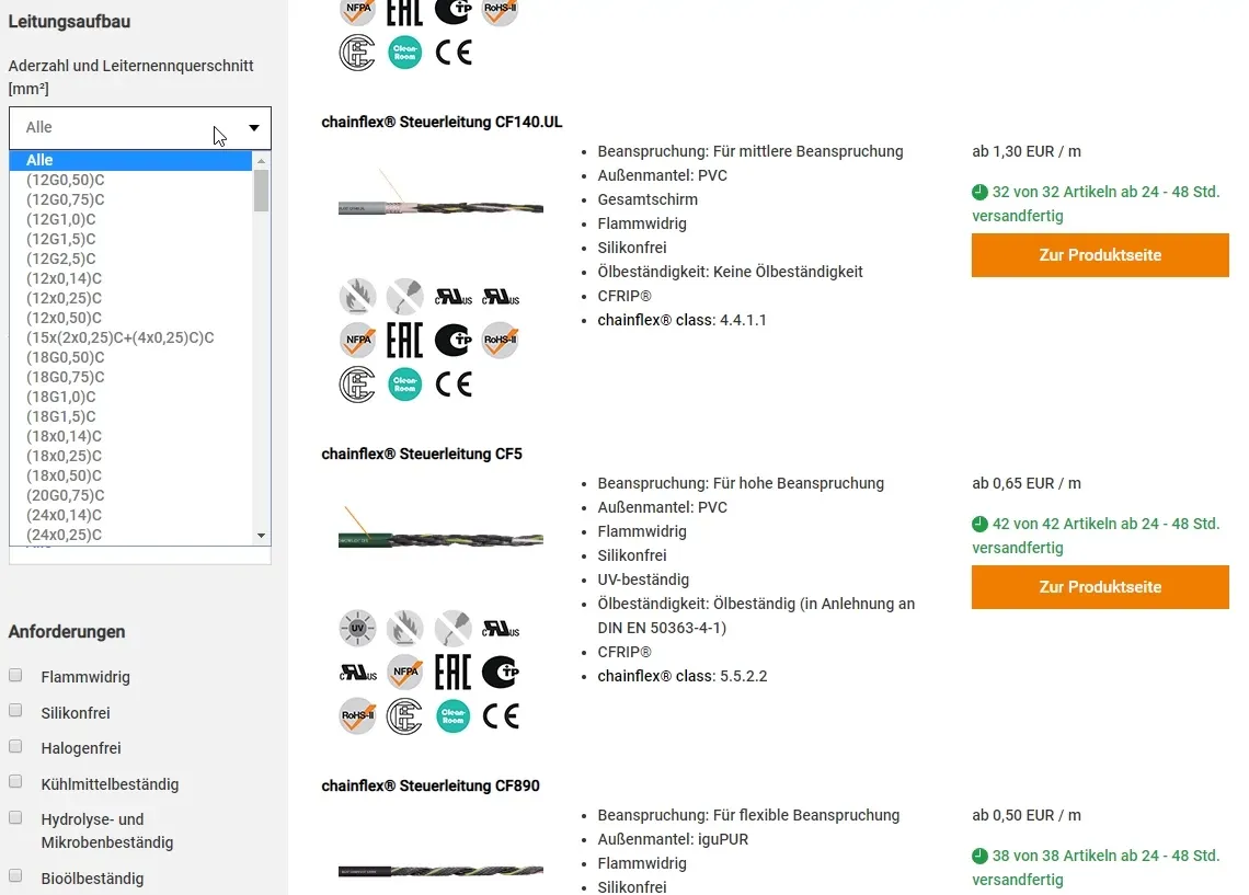 Loja chainflex®: determinar a estrutura do cabo