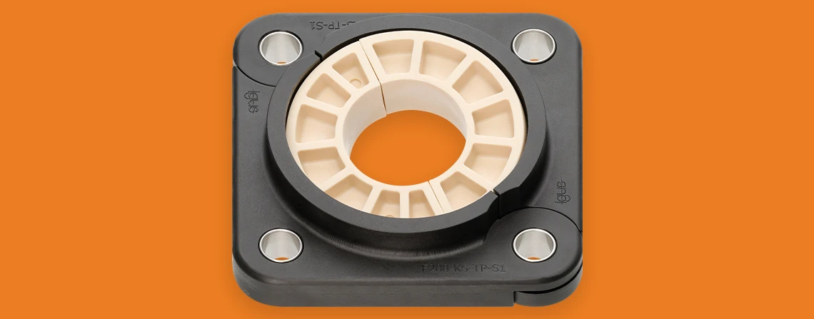 Split flange bearing with four mounting holes and a split bearing insert for easy installation