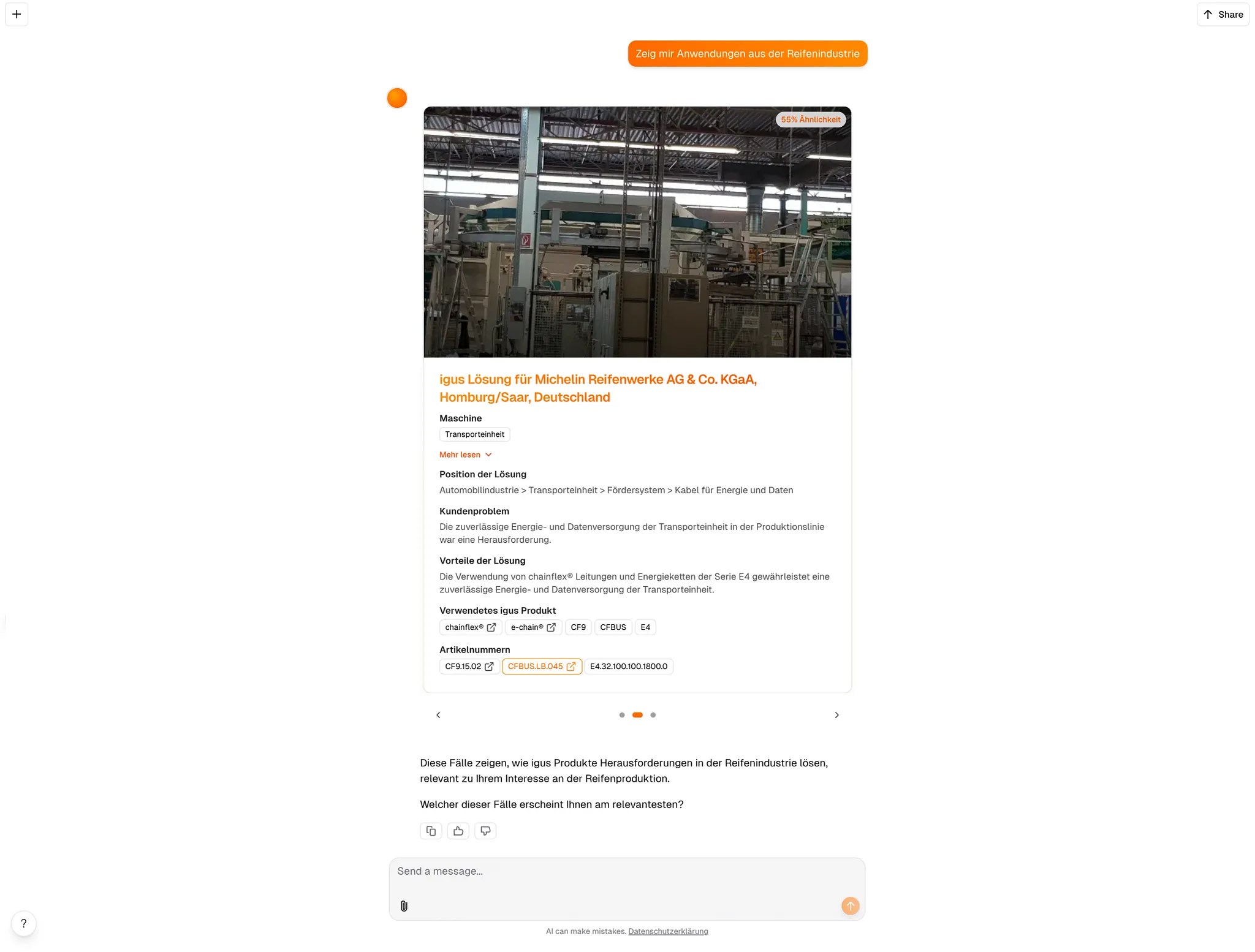 igusFinder mit einer Anwendung aus der Reifenindustrie