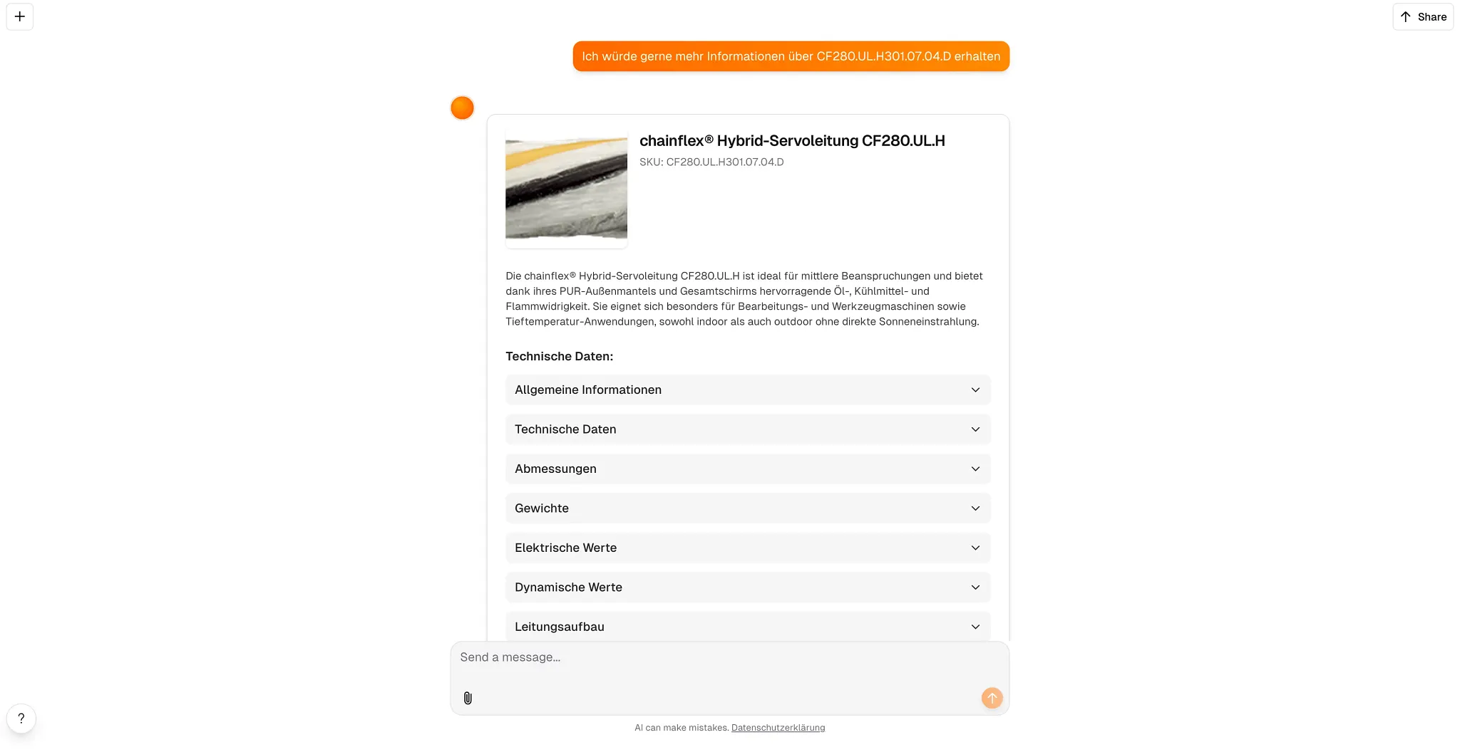 igusFinder zu einer chainflex Leitung