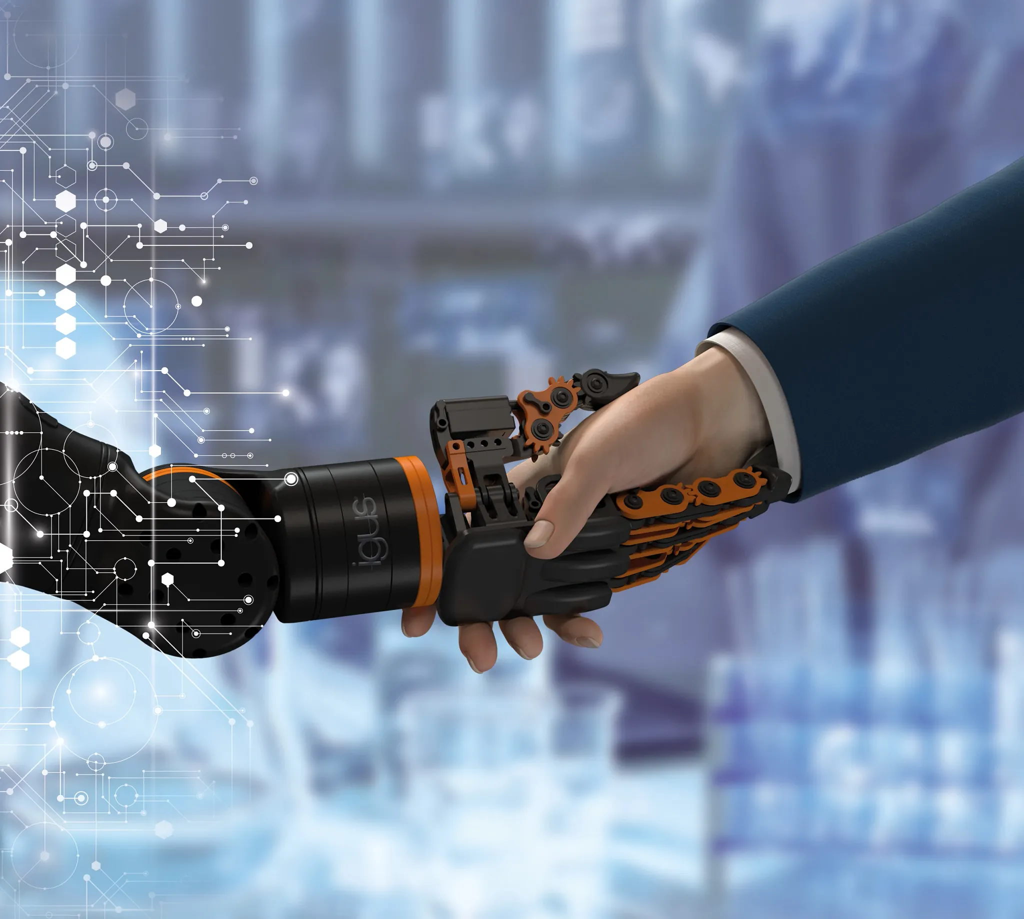 ai impact on manufacturing cobot and worker shaking hand