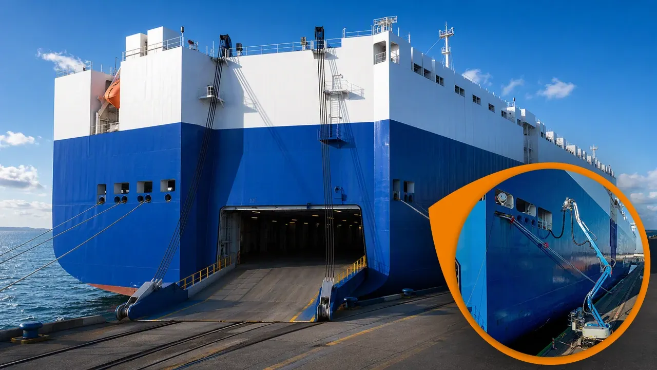 Verfahrbare Landstromlösung am RoRo-Liegeplatz: mobiler Anschlussarm positioniert den Landstromanschluss präzise an der Schnittstelle am Schiff.