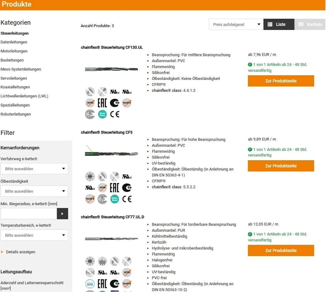 Loja chainflex®: encontrar o cabo certo para a minha aplicação