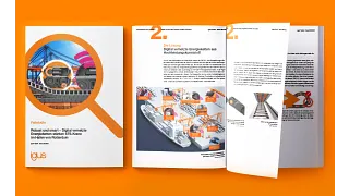 Multipage document on orange background. On the left, you can see the cover image of an igus case study. A large magnifying glass shows the technology on a port crane, including a conveyor chain with cables. Text on the cover: "Robust and smart - digitally networked energy chains enhance STS cranes in the Port of Rotterdam". On the right, there are open pages. One page shows a graph of port cranes with marked points for sensors and networking. Other pages contain short texts, product images and graphs on energy chains and their monitoring.