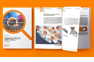 Mehrseitiges Dokument auf orangefarbenem Hintergrund. Links ist das Titelbild einer Fallstudie von igus. Eine große Lupe zeigt Technik an einem Hafenkran, darunter eine Förderkette mit Kabeln. Text auf dem Titel: „Robust und smart – Digital vernetzte Energieketten stärken STS-Krane im Hafen von Rotterdam“. Rechts sind aufgeschlagene Seiten zu sehen. Eine Seite zeigt eine Grafik von Hafenkranen mit markierten Punkten für Sensorik und Vernetzung. Weitere Seiten enthalten kurze Texte, Produktbilder und Diagramme zu Energieketten und deren Überwachung.