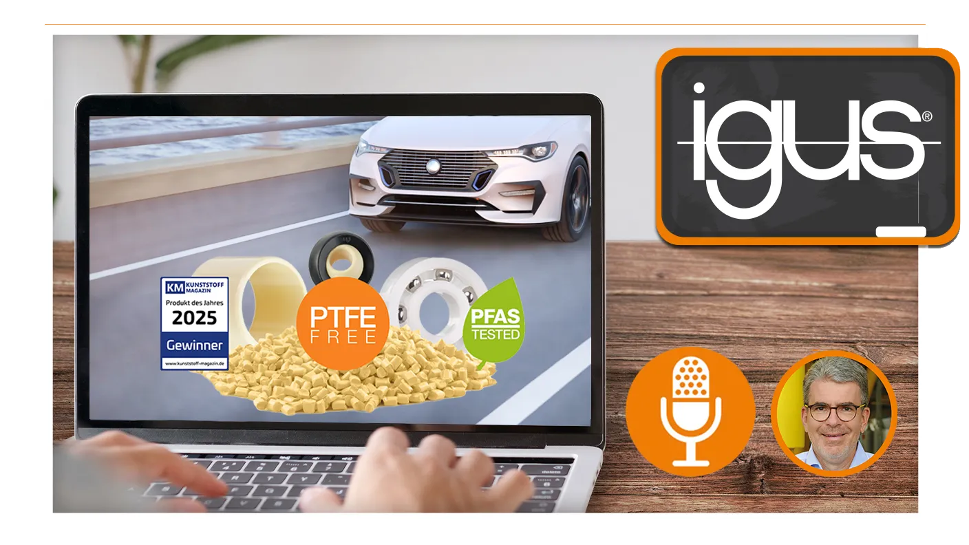 Laptop mit PTFE-freien igus Produkten, Pfas-Testergebnis und Auto im Hintergrund.