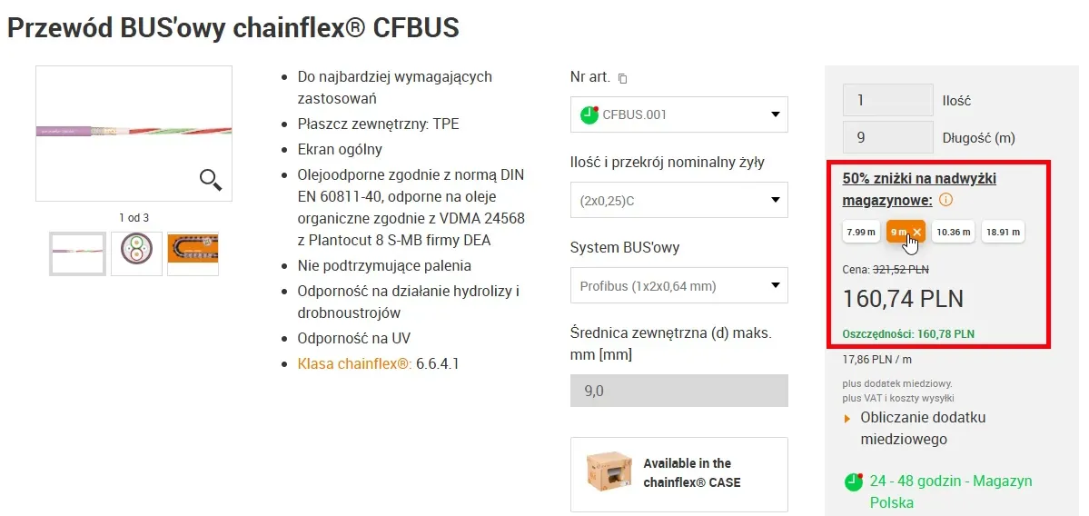 Nadwyżki długości kabli chainflex