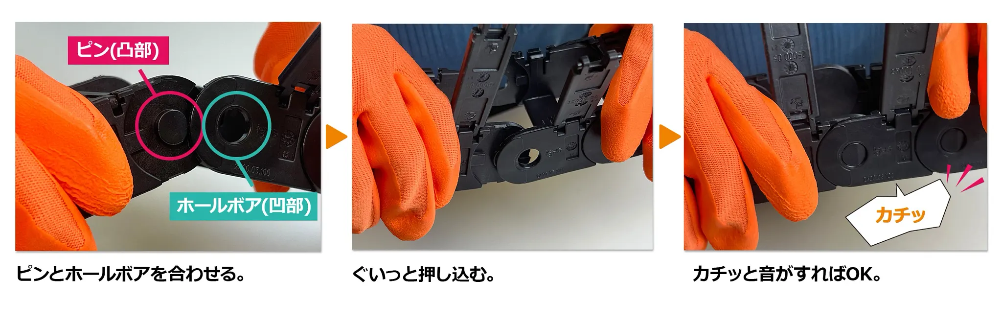 ケーブルキャリアのリンクの連結方法