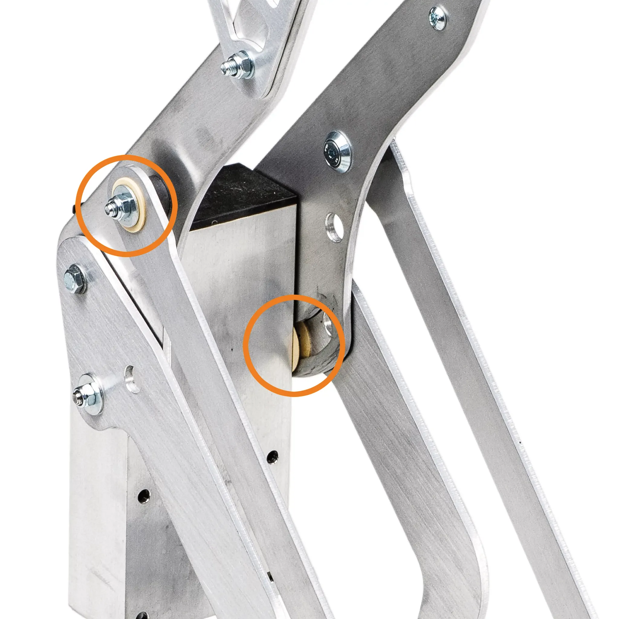 Produktfoto, Nahaufnahme oben, des Doppelmayr Bike Clip mit gekennzeichneten igus Lagerstellen