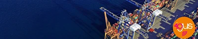 Banner für die igus Fokuspage Krane: Luftaufnahme eines Containerhafens mit mehreren Portalkranen am Wasser und Containerstapeln. Das igus smart plastics Logo verweist auf intelligente Energieführungssysteme und Zustandsüberwachung für Krananlagen.