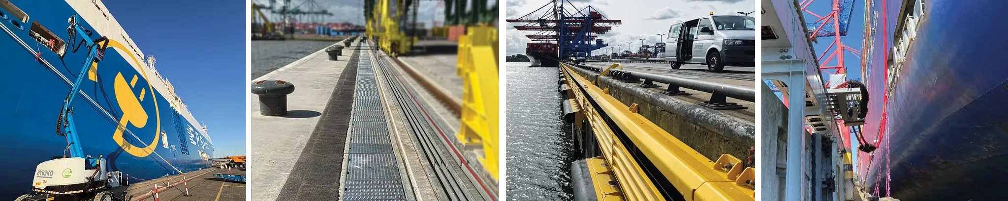 ierteilige Collage mit Nahaufnahmen von Shore-Power-Komponenten im Hafen: oben links eine gelbe, entlang der Kaimauer montierte Führungs-/Schutzschiene direkt am Wasser; oben rechts ein in den Kai integrierter Kabelkanal mit Abdeckgittern und seitlichen Führungsschienen; unten links ein seitlich am Schiff geführtes Energiekabel mit Schlauch-/Kabelschutz und Halterung an der Anlage; unten rechts ein blauer, am Schiff montierter Ausleger/Anschlussarm, der den Landstrom-Stecker an eine Anschlussbox am Rumpf führt. Das Visual verdeutlicht die Bandbreite möglicher Systemlösungen im ShorePower-Produktportfolio – von Infrastruktur am Kai (Führung, Kanal, Kabelmanagement) bis zur flexiblen Anbindung und sicheren Stromübertragung zum Schiff.