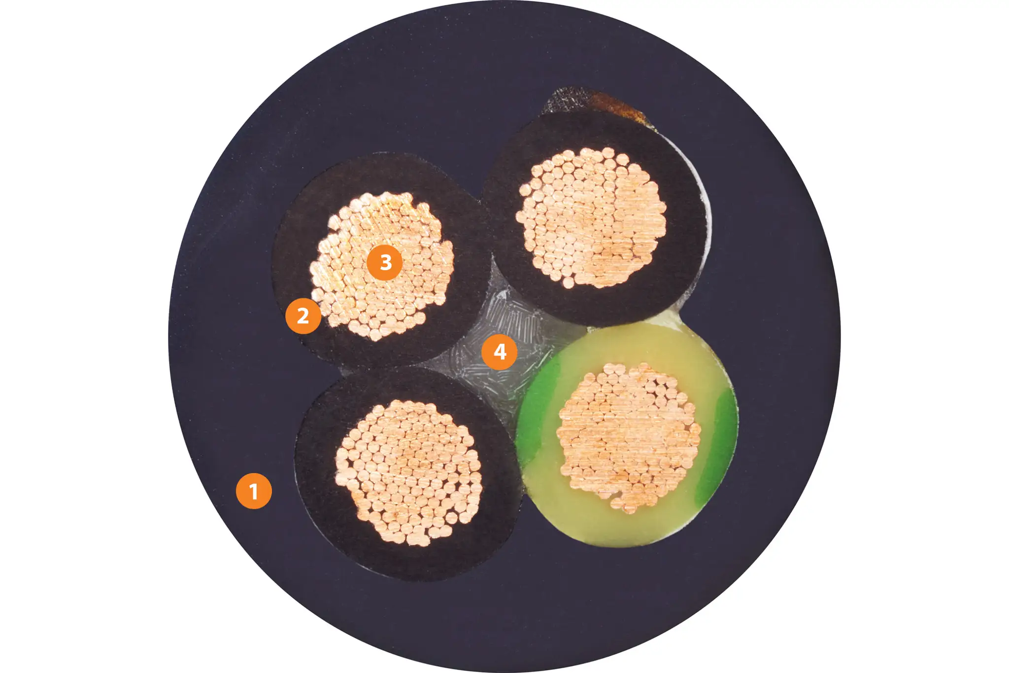1. Mit Druck extrudierte, zwickelfüllende, halogenfreie TPE-Mischung 2. Mechanisch hochwertige TPE-Mischung 3. Litzenleiter in besonders biegefester Ausführung aus blanken Kupferdrähten 4. Zugfestes Kernelement